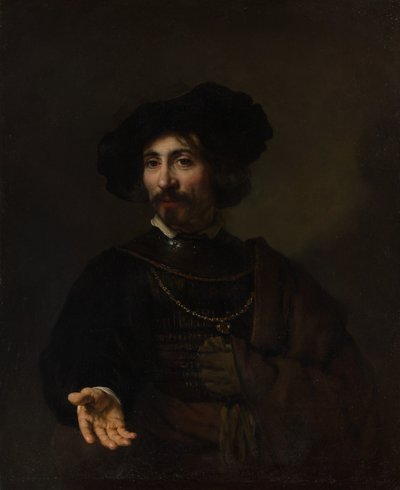 鋼鉄のゴルゲットを持つ男。 作： Style of Rembrandt