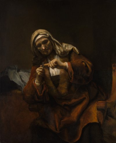 爪を切る老婆、カリフォルニア州。 1655-60。 作： Style of Rembrandt