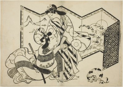 屏風前の恋人と猫とねずみ 作： Sugimura Jihei