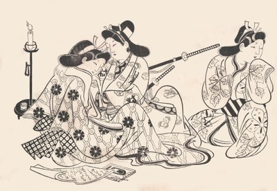 サムライと花魁着席、彼らのそばにサーヴァント、ca. 1685年。 1685年。 作： Sugimura Jihei