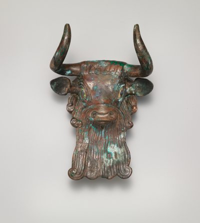 竪琴の雄牛の頭飾り、紀元前2600年から2350年頃（ブロンズ、貝殻とラピスラズリがはめ込まれている） 作： Sumerian Sumerian