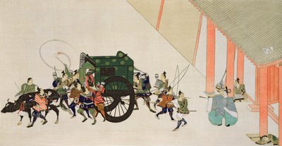 運送中の女性に変装した宮殿を逃れる天皇、平安時代の宮廷ロマンスの場面、1900-01年の「The Kokka」誌に掲載 作： Sumiyoshi Hirozumi Gukei