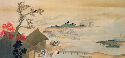 中世の京都近郊で野菜を収穫する農民たち、 『ザ・コッカ』誌に掲載、1900-01 作： Sumiyoshi Hirozumi Gukei