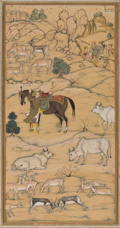 馬に乗るアクバル、Chester Beatty Akbar Nama History of Akbar、1605-07 のページ。 作： Sur Das Gujarati