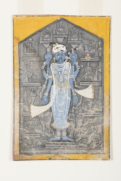 彼のアバターのレリーフに囲まれたヴィシュヌの画像、c.1780（不透明なトイレと紙の上の金） 作： Surdhaj Nanag Ram