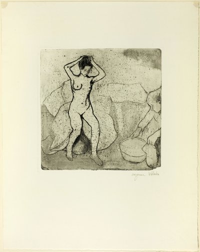キャサリンはお風呂の準備をし、ルイーズは裸で髪を整えます 作： Suzanne Valadon