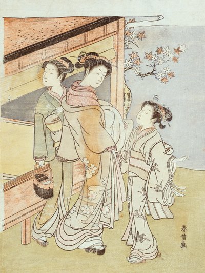 女性とその付き添いがメッセンジャーに会う（木版画） 作： Suzuki Harunobu