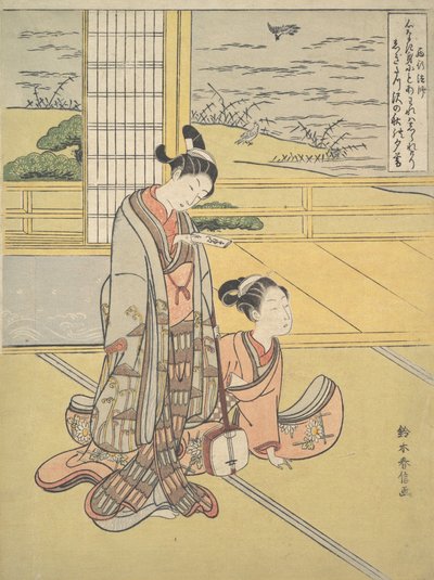 三味線を持った若い男女、西行僧、三位一体をほのめかすシリーズより 1768年。 作： Suzuki Harunobu