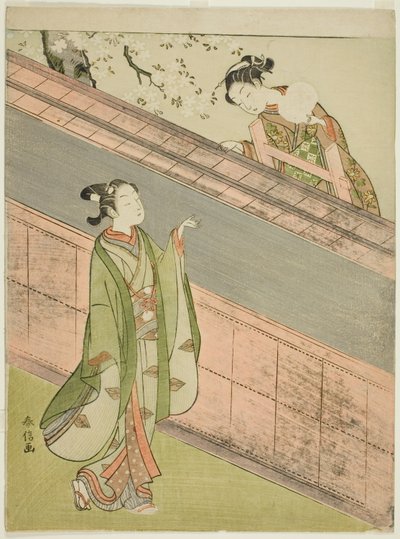 若い男性にボールを返す若い女性 作： Suzuki Harunobu