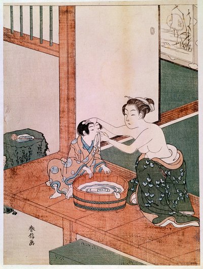 日本では、水を張った洗面器のそばで子供を洗う裸の母親がいます。鈴木原信(1725-1770)の版画。1766-1768.薄い。0.27x0.201 m パリ、ギメ美術館、国立アジア美術館 作： Suzuki Harunobu