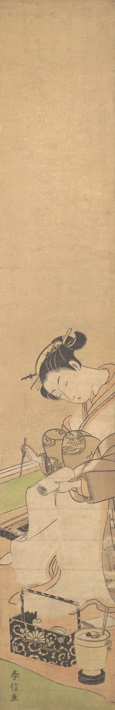 ベッドに座って手紙を書いている花魁 1769年頃。 1769年。 作： Suzuki Harunobu