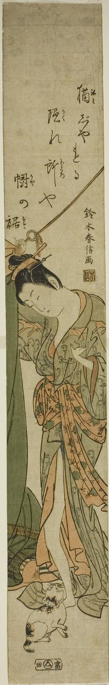 蚊帳を固定しながら猫を見下ろす美女 作： Suzuki Harunobu
