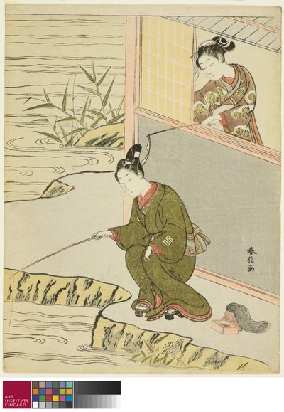 若い男釣りをからかう美c。 1768 作： Suzuki Harunobu