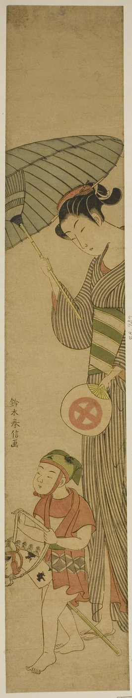 趣味の馬に乗った少年と傘をさす女性 作： Suzuki Harunobu