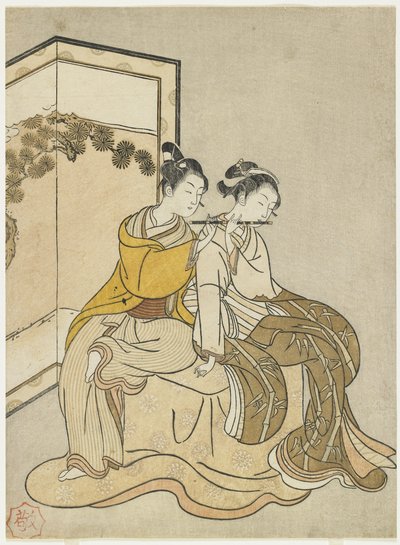 明和2年と玄宗天皇と楊貴妃の三面のカレンダー印刷、1765年 作： Suzuki Harunobu