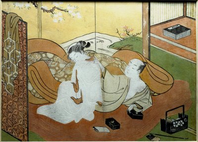 屏風のある室内に横たわる恋人たち 書道箱 錦絵 鈴木春信（1725-1770年頃）作 1765年頃 日の丸。20,6x27,8 cm 個人蔵 作： Suzuki Harunobu