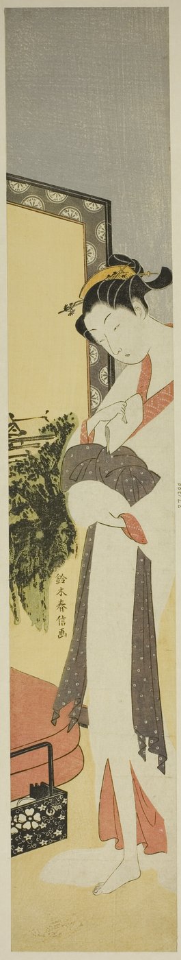 スクリーンとベッドのそばに立つ娼婦 作： Suzuki Harunobu