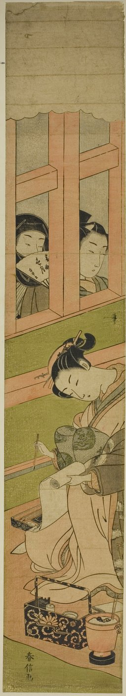 格子窓越しに見守る娼婦と手紙を書く娼婦 作： Suzuki Harunobu
