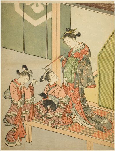 花魁と犬と戯れる二人の付き添い 作： Suzuki Harunobu
