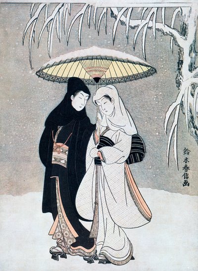 吹雪の中、傘の下を一緒に歩くカラスとサギ、または若い恋人、c1769。 作： Suzuki Harunobu