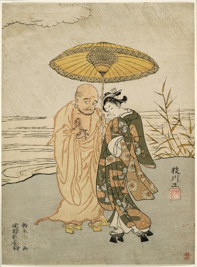 だるまと雨の中の若い女性 作： Suzuki Harunobu