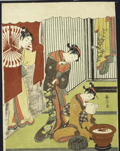 インテリアの人物、ラブレターを読んでいる彼女の慎三を見つめる花魁 作： Suzuki Harunobu