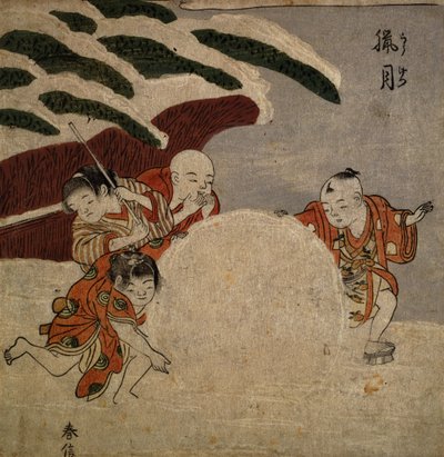 雪だるまを作る4人の少年、1768年頃（色の木版画） 作： Suzuki Harunobu