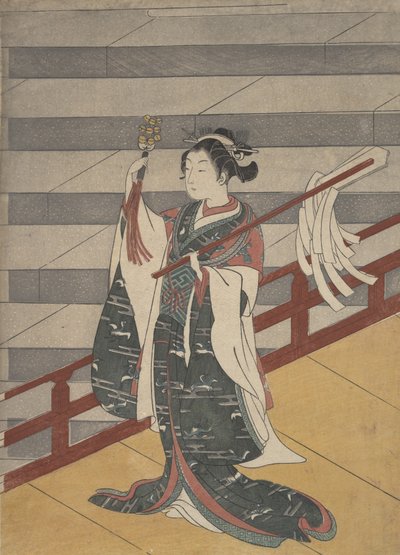 石の階段の上のバルコニーの女の子、カリフォルニア州。 1768年頃。 1768年。 作： Suzuki Harunobu