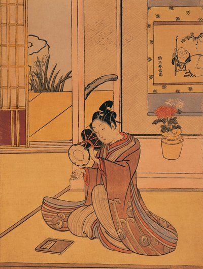 イタリア、ジェノバ、鈴木春信（1725年頃～1770年頃）の太鼓を叩く若者、木版画 作： Suzuki Harunobu