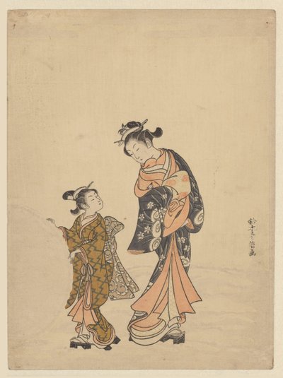 スノーボールの近くの若い女性と女の子 作： Suzuki Harunobu