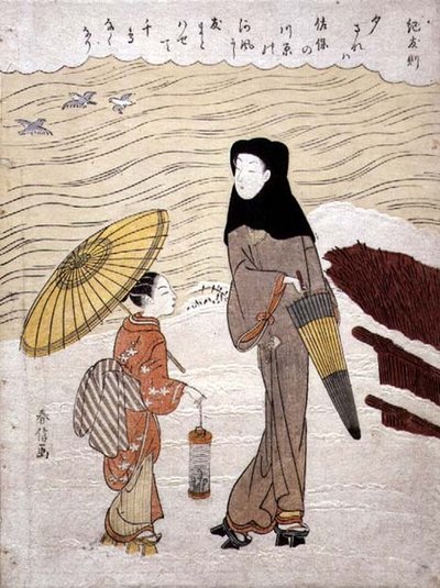 川辺を歩く貴婦人とメイド』1767年頃（木版画、ブリンク・エンボス加工 作： Suzuki Harunobu