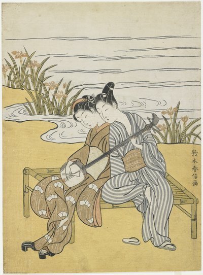 玄宗皇帝と楊貴妃の三位一体と同じ三味線を弾く恋人たちc。 1767 作： Suzuki Harunobu