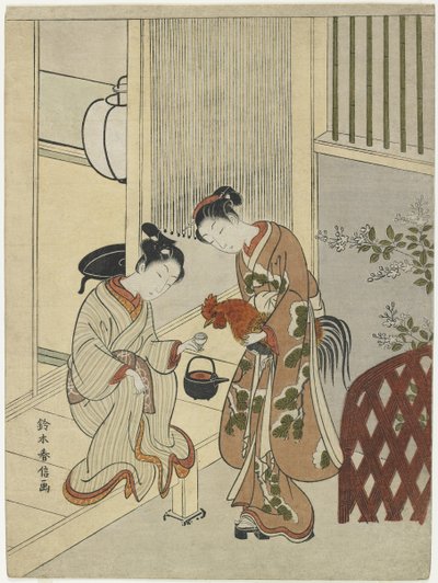 酒とオンドリを重ねる恋人たちc。 1767 作： Suzuki Harunobu