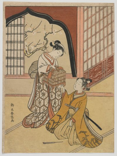 鳥かごを持った恋人たち、江戸時代、1766-67年頃（カラー木版） 作： Suzuki Harunobu