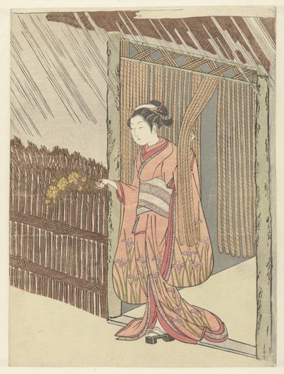 山吹の枝を手に持つ女の子 作： Suzuki Harunobu