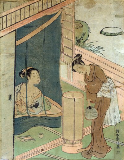 浮世絵の木版画家の日本のデザイナーである鈴木春信による蚊帳の後ろの母と子。 作： Suzuki Harunobu