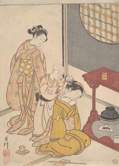 二重棚の夜雨、1766年頃（木版画） 作： Suzuki Harunobu