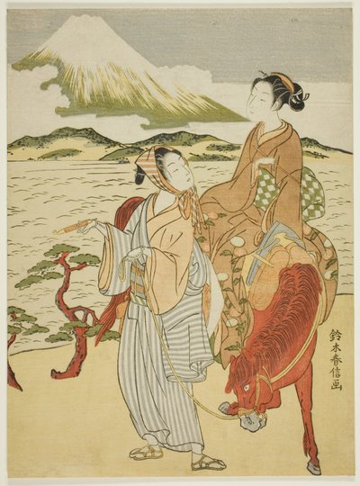 富士山を眺めるポーズ（有原業平の東遊記のパロディ） 作： Suzuki Harunobu
