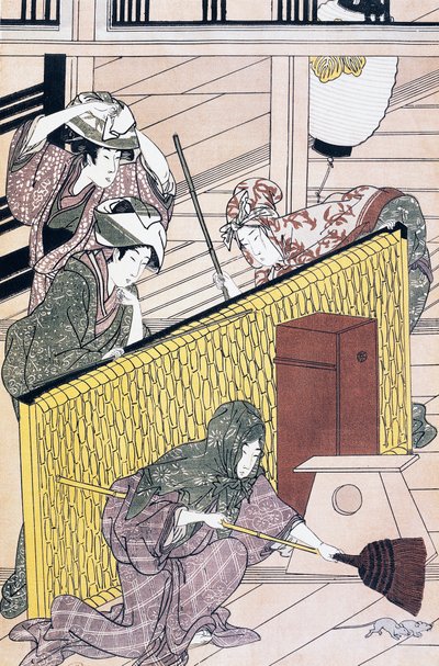 家の中でネズミを追いかける下男 鈴木春信（1725～1770）の浮世絵 木版画 日本文明 江戸時代 作： Suzuki Harunobu