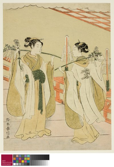 Shrine Maidens Onami and Ohatsu Dancing at Yushima Tenjin Shrine, c.1769 作： Suzuki Harunobu