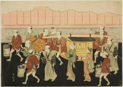 錦絵婚礼図屏風「婚礼錦御召車」（こんれいにしきみさおぐるま）3枚目「夫の家へ輿入れする花嫁（こしいり）」。 作： Suzuki Harunobu