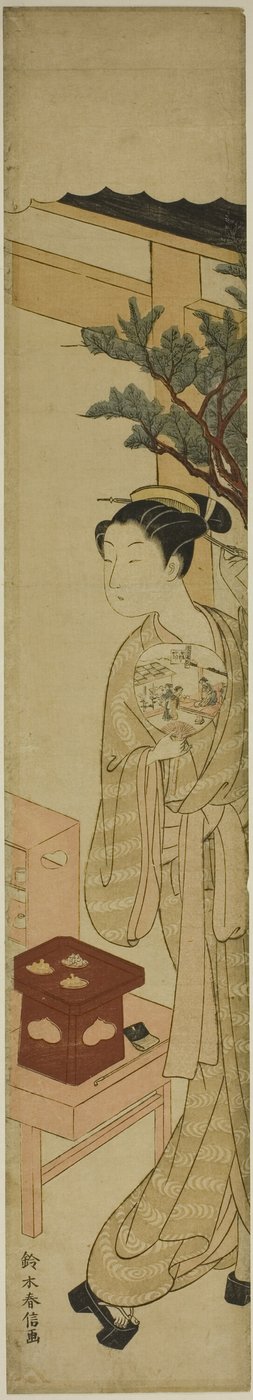 扇子を持った鍵屋茶屋のウェイトレスおせん 作： Suzuki Harunobu