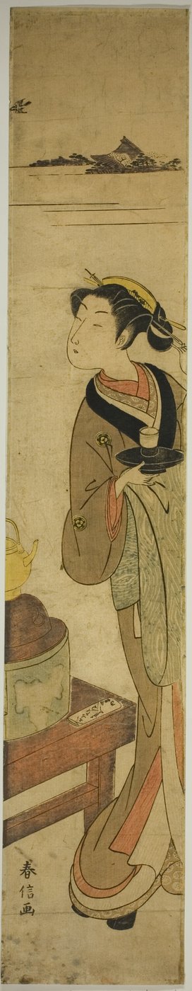 お茶を運ぶ鍵屋のウェイトレスおせん 作： Suzuki Harunobu