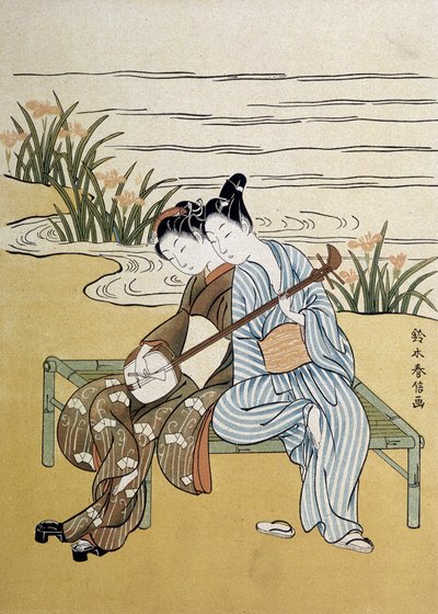 三味線：夫婦で三味線を弾いている様子（『日本の芸術』1890年7月号、春之坊撮影）。 作： Suzuki Harunobu