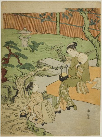 庭で夕方の涼しさを楽しむ 2 人の女の子 作： Suzuki Harunobu