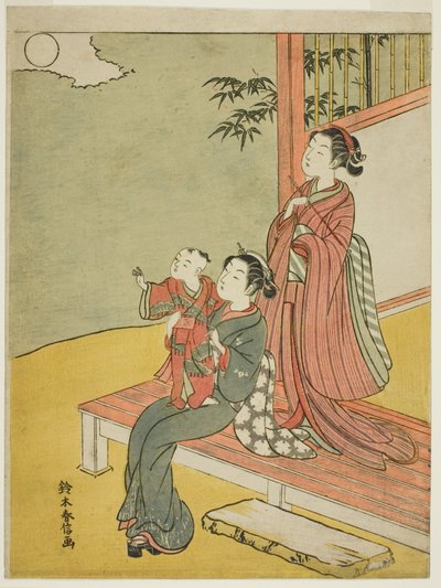 満月を眺める二人の女性と子供 作： Suzuki Harunobu