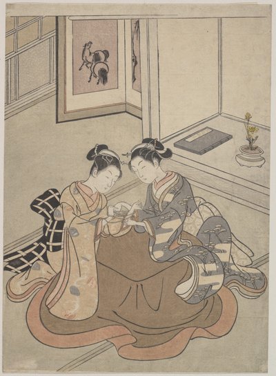 こたつが猫のゆりかごを着ている若い女性2人 作： Suzuki Harunobu