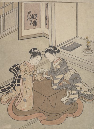 コタツのそばに座って遊んでいる 2 人の若い女性, ca. 1765年頃。 1765年。 作： Suzuki Harunobu