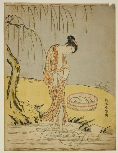 水流で布を洗う 作： Suzuki Harunobu