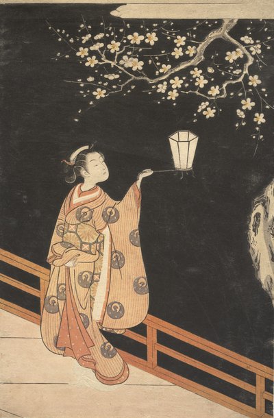 夜に梅の花を眺める女性。 作： Suzuki Harunobu